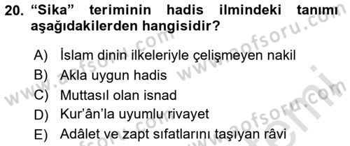 Hadis Dersi 2023 - 2024 Yılı Yaz Okulu Sınav Soruları 20. Soru