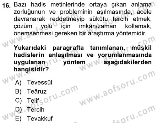 Hadis Dersi 2024 - 2025 Yılı (Vize) Ara Sınav Soruları 16. Soru