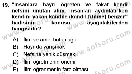 Hadis Dersi 2024 - 2025 Yılı (Vize) Ara Sınav Soruları 19. Soru