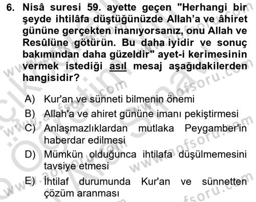 Hadis Dersi 2024 - 2025 Yılı (Vize) Ara Sınav Soruları 6. Soru