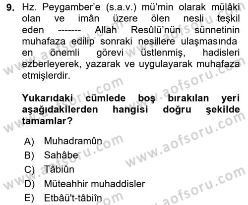 Hadis Dersi 2024 - 2025 Yılı (Vize) Ara Sınav Soruları 9. Soru