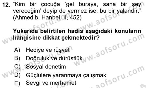 Hadis Dersi 2024 - 2025 Yılı (Final) Dönem Sonu Sınav Soruları 12. Soru