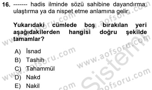 Hadis Dersi 2024 - 2025 Yılı (Final) Dönem Sonu Sınav Soruları 16. Soru