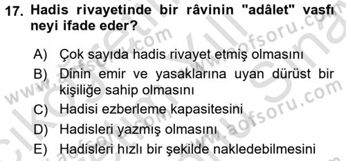 Hadis Dersi 2024 - 2025 Yılı (Final) Dönem Sonu Sınav Soruları 17. Soru