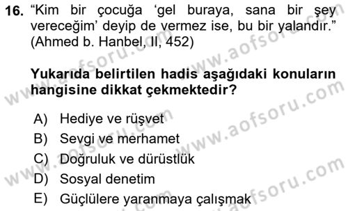 Hadis Dersi 2024 - 2025 Yılı Yaz Okulu Sınav Soruları 16. Soru
