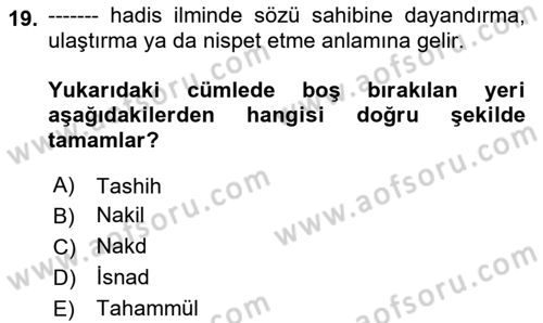 Hadis Dersi Yaz Okulu Sınavı Deneme Sınav Soruları 19. Soru
