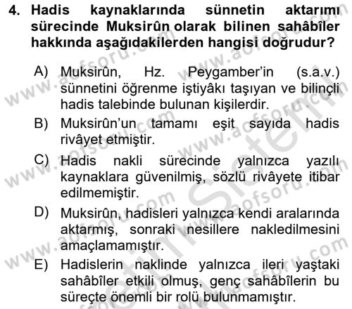 Hadis Dersi Yaz Okulu Sınavı Deneme Sınav Soruları 4. Soru