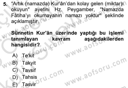Hadis Dersi 2024 - 2025 Yılı Yaz Okulu Sınav Soruları 5. Soru