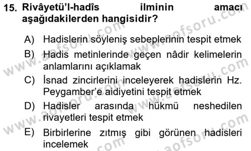 Hadis Dersi 2025 - 2026 Yılı (Vize) Ara Sınav Soruları 15. Soru