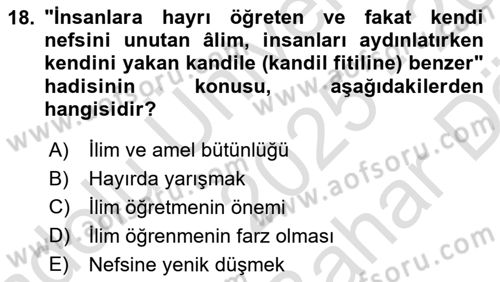Hadis Dersi 2025 - 2026 Yılı (Vize) Ara Sınav Soruları 18. Soru