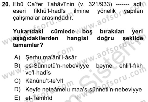 Hadis Dersi 2025 - 2026 Yılı (Vize) Ara Sınav Soruları 20. Soru