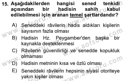 Hadis Dersi 2025 - 2026 Yılı (Final) Dönem Sonu Sınav Soruları 15. Soru