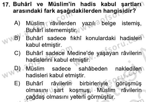 Hadis Dersi 2025 - 2026 Yılı (Final) Dönem Sonu Sınav Soruları 17. Soru
