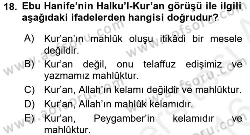 Kelam´a Giriş Dersi 2015 - 2016 Yılı (Vize) Ara Sınav Soruları 18. Soru