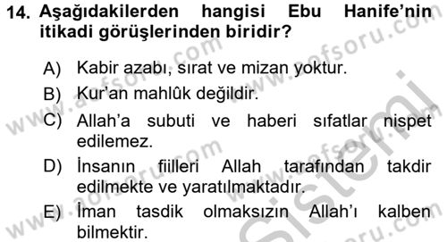 Kelam´a Giriş Dersi 2016 - 2017 Yılı (Vize) Ara Sınav Soruları 14. Soru