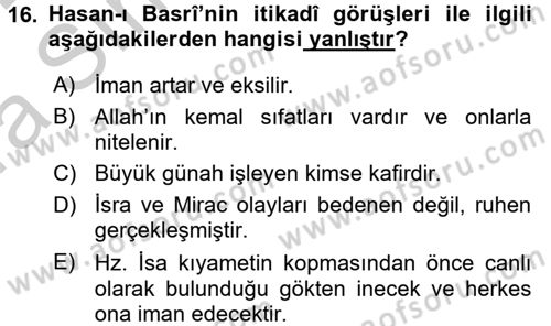 Kelam´a Giriş Dersi 2016 - 2017 Yılı (Vize) Ara Sınav Soruları 16. Soru
