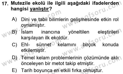 Kelam´a Giriş Dersi 2016 - 2017 Yılı (Vize) Ara Sınav Soruları 17. Soru
