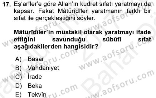 Kelam´a Giriş Dersi 2017 - 2018 Yılı (Vize) Ara Sınav Soruları 17. Soru