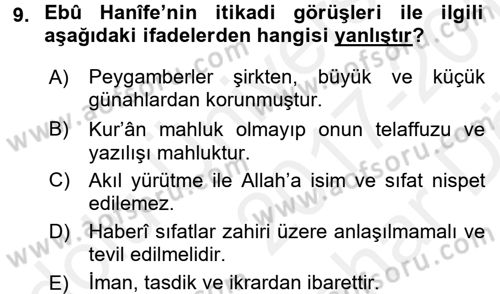 Kelam´a Giriş Dersi 2017 - 2018 Yılı (Vize) Ara Sınav Soruları 9. Soru