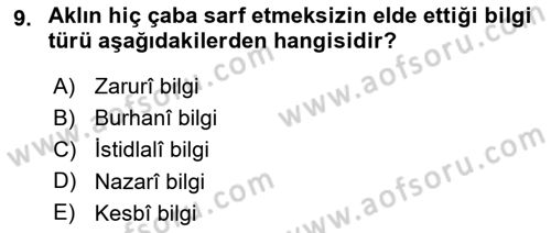 Kelam´a Giriş Dersi 2018 - 2019 Yılı 3 Ders Sınav Soruları 9. Soru