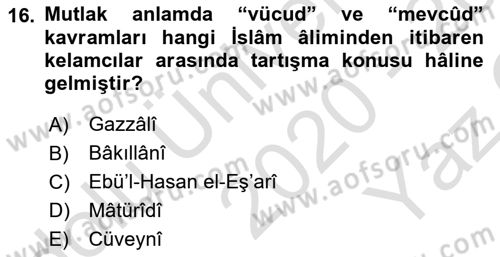 Kelam´a Giriş Dersi 2020 - 2021 Yılı Yaz Okulu Sınav Soruları 16. Soru