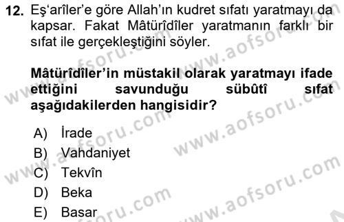 Kelam´a Giriş Dersi 2021 - 2022 Yılı Yaz Okulu Sınav Soruları 12. Soru