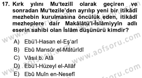 Kelam´a Giriş Dersi 2022 - 2023 Yılı Yaz Okulu Sınav Soruları 17. Soru