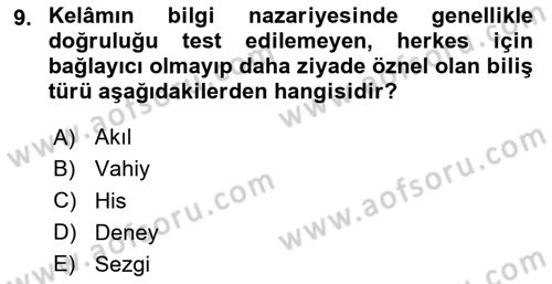 Kelam´a Giriş Dersi 2023 - 2024 Yılı (Final) Dönem Sonu Sınav Soruları 9. Soru