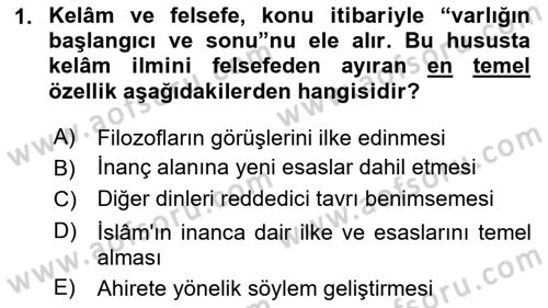 Kelam´a Giriş Dersi 2023 - 2024 Yılı Yaz Okulu Sınav Soruları 1. Soru