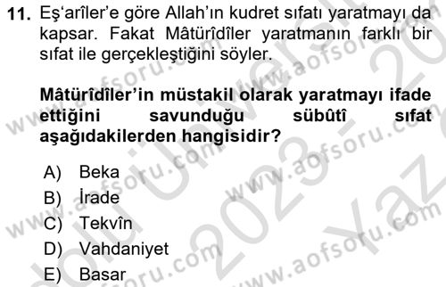 Kelam´a Giriş Dersi 2023 - 2024 Yılı Yaz Okulu Sınav Soruları 11. Soru