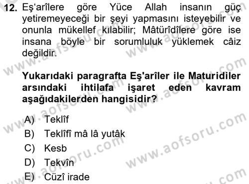 Kelam´a Giriş Dersi 2023 - 2024 Yılı Yaz Okulu Sınav Soruları 12. Soru