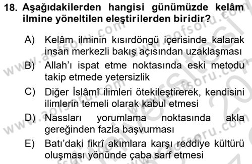 Kelam´a Giriş Dersi 2023 - 2024 Yılı Yaz Okulu Sınav Soruları 18. Soru