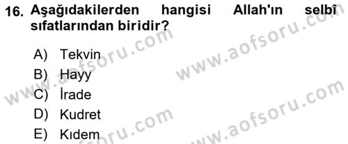 Kelam´a Giriş Dersi 2024 - 2025 Yılı Yaz Okulu Sınav Soruları 16. Soru