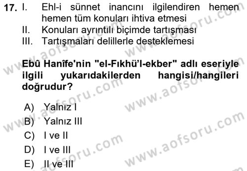 Kelam´a Giriş Dersi 2024 - 2025 Yılı Yaz Okulu Sınav Soruları 17. Soru