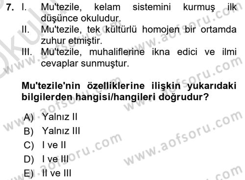 Kelam´a Giriş Dersi 2024 - 2025 Yılı Yaz Okulu Sınav Soruları 7. Soru