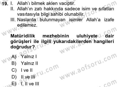 Kelam´a Giriş Dersi 2025 - 2026 Yılı (Vize) Ara Sınav Soruları 19. Soru
