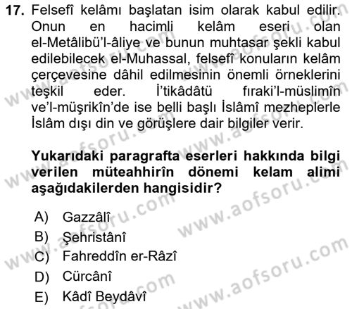 Kelam´a Giriş Dersi 2025 - 2026 Yılı (Final) Dönem Sonu Sınav Soruları 17. Soru