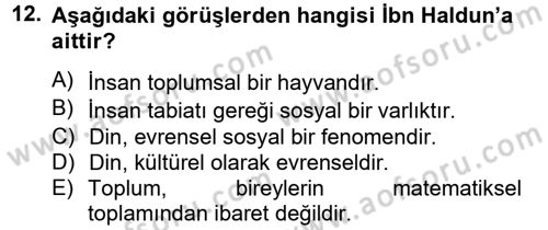 Din Sosyolojisi Dersi 2012 - 2013 Yılı (Vize) Ara Sınav Soruları 12. Soru