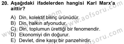 Din Sosyolojisi Dersi 2012 - 2013 Yılı (Vize) Ara Sınav Soruları 20. Soru