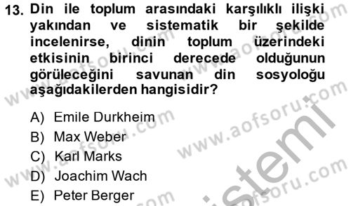 Din Sosyolojisi Dersi 2013 - 2014 Yılı (Vize) Ara Sınav Soruları 13. Soru