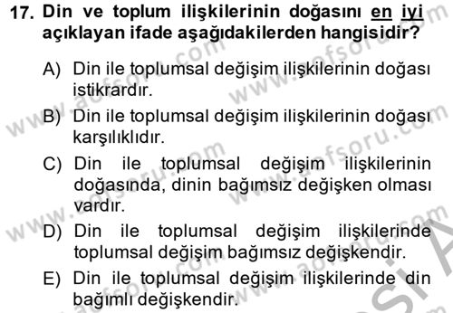 Din Sosyolojisi Dersi 2013 - 2014 Yılı (Vize) Ara Sınav Soruları 17. Soru