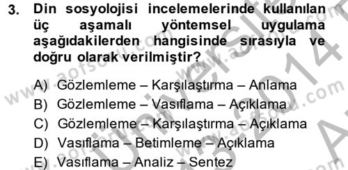 Din Sosyolojisi Dersi 2013 - 2014 Yılı (Vize) Ara Sınav Soruları 3. Soru