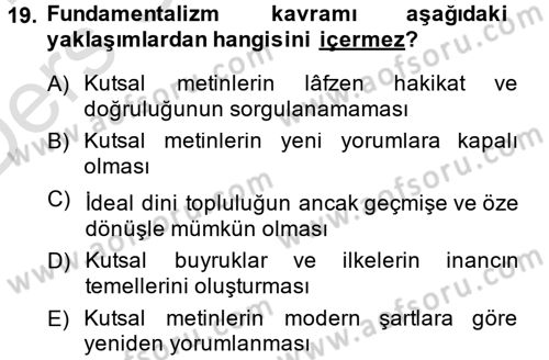 Din Sosyolojisi Dersi 2013 - 2014 Yılı Tek Ders Sınav Soruları 19. Soru