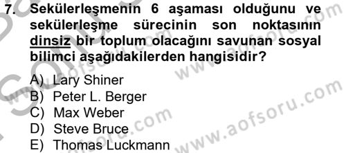 Din Sosyolojisi Dersi 2014 - 2015 Yılı (Final) Dönem Sonu Sınavı 7. Soru