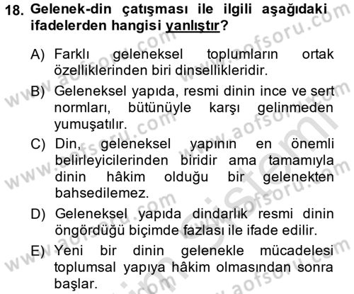 Din Sosyolojisi Dersi 2014 - 2015 Yılı Tek Ders Sınav Soruları 18. Soru