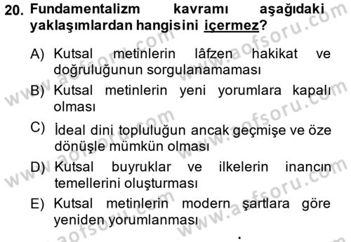 Din Sosyolojisi Dersi 2014 - 2015 Yılı Tek Ders Sınav Soruları 20. Soru