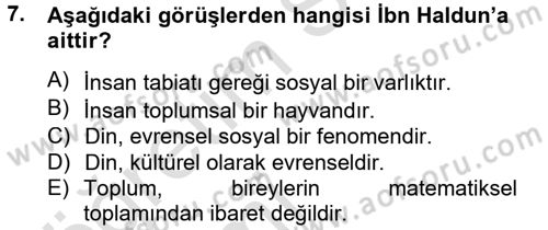 Din Sosyolojisi Dersi 2014 - 2015 Yılı Tek Ders Sınav Soruları 7. Soru