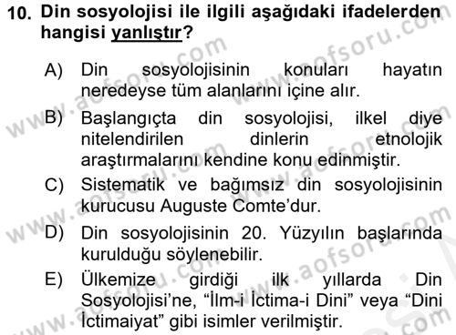 Din Sosyolojisi Dersi 2015 - 2016 Yılı (Vize) Ara Sınav Soruları 10. Soru
