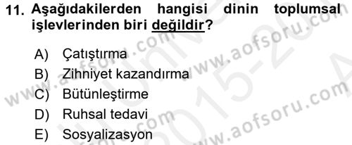 Din Sosyolojisi Dersi 2015 - 2016 Yılı (Vize) Ara Sınav Soruları 11. Soru