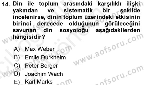 Din Sosyolojisi Dersi 2015 - 2016 Yılı (Vize) Ara Sınav Soruları 14. Soru